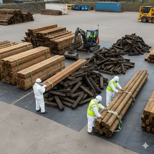 an industrial excavation site with organized soil stockpiles and an overlay illustrating material management