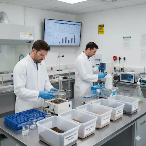 an industrial excavation site with organized soil stockpiles and an overlay illustrating material management